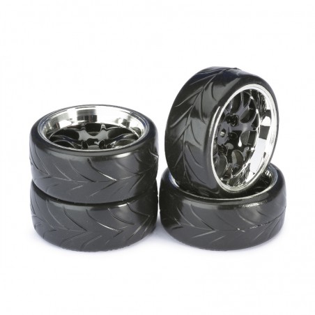 RUEDAS COCHE RC TOURING 1/10 DRIFT NEGRO-CROMO ABSIMA 4 UNIDADES